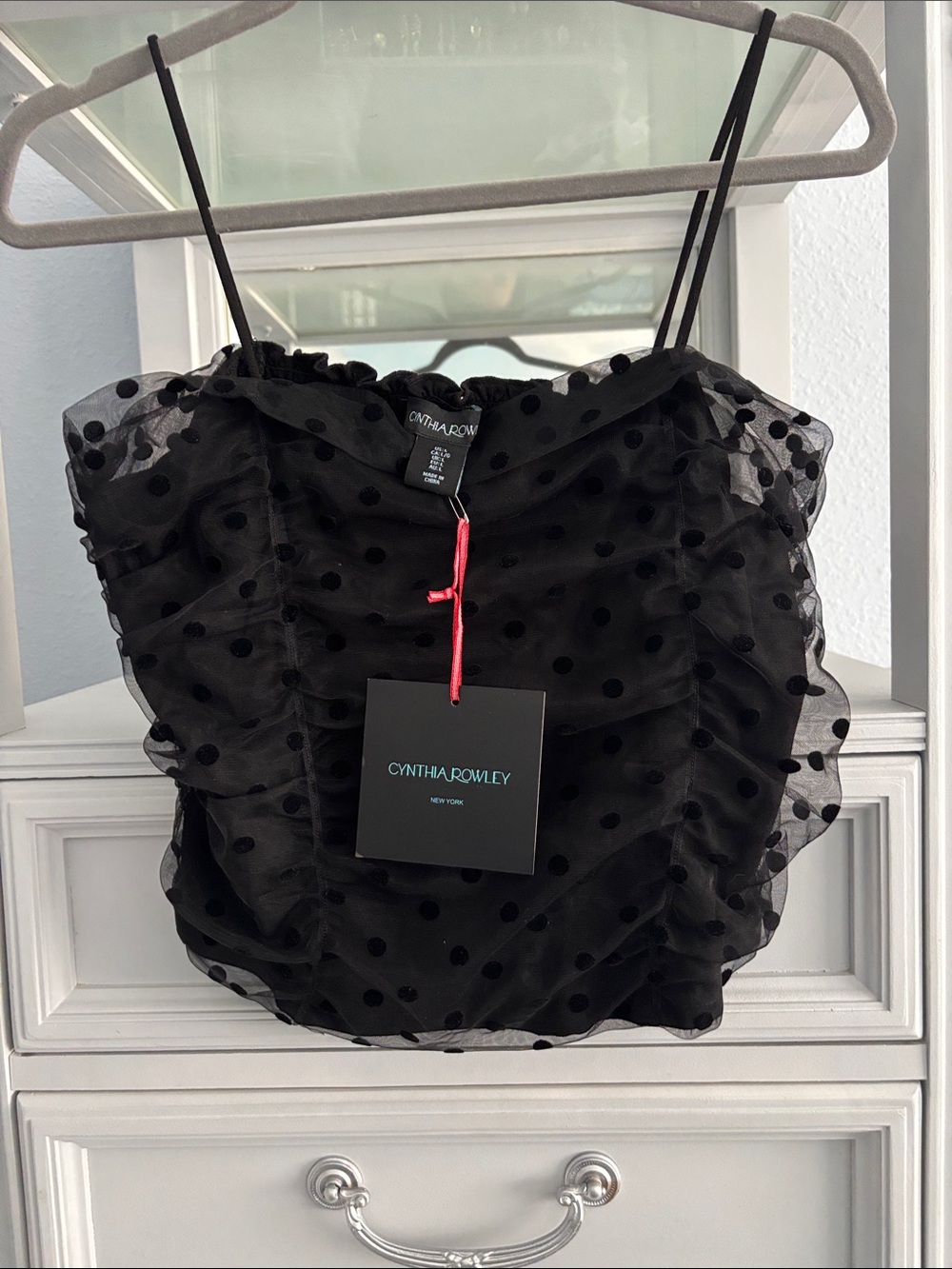 Cynthia Rowley Black Polka Dot Ruffled Mesh Camisole